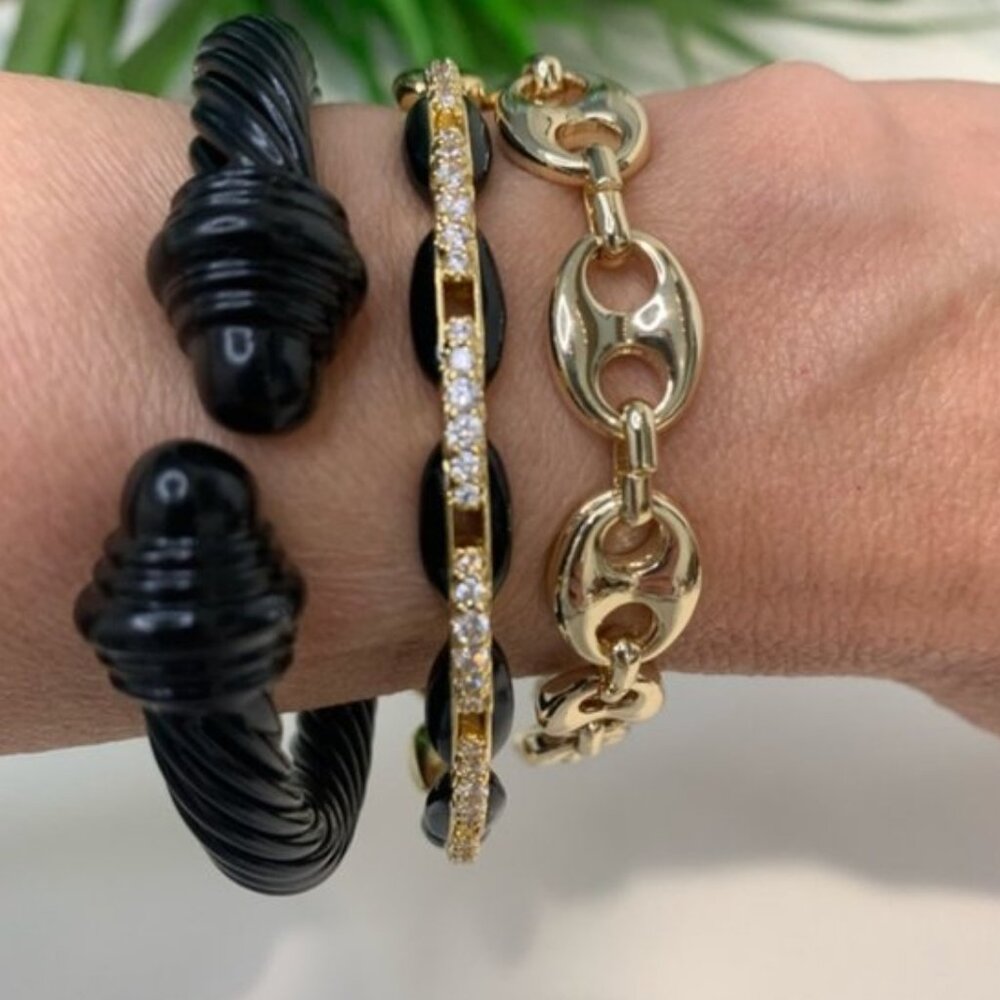 Chic Coffee Bean Enamel Cuff Bracelet Clear Crystal Stone